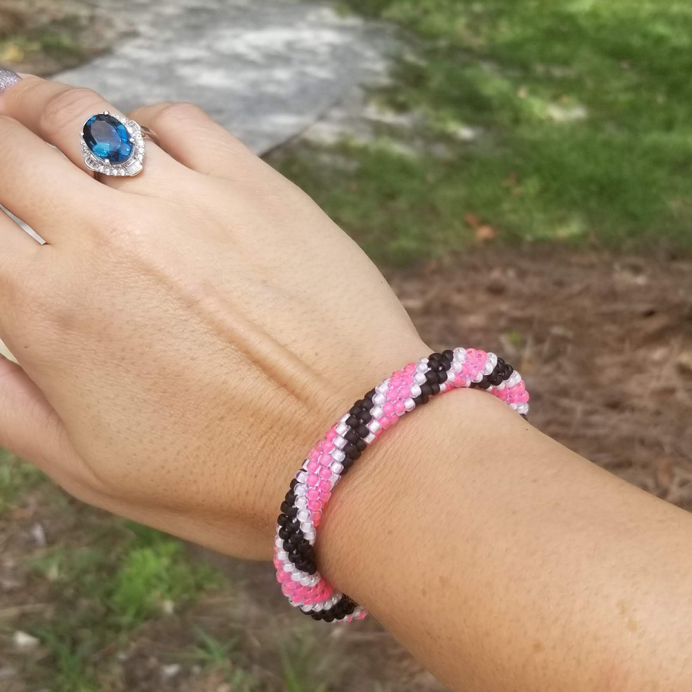 White/Pink/Black Beaded Crochet Bracelet